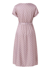 Women Cute Polka Dot V-Neck Wrap Casual Short Sleeve Belted Maxi Dresses