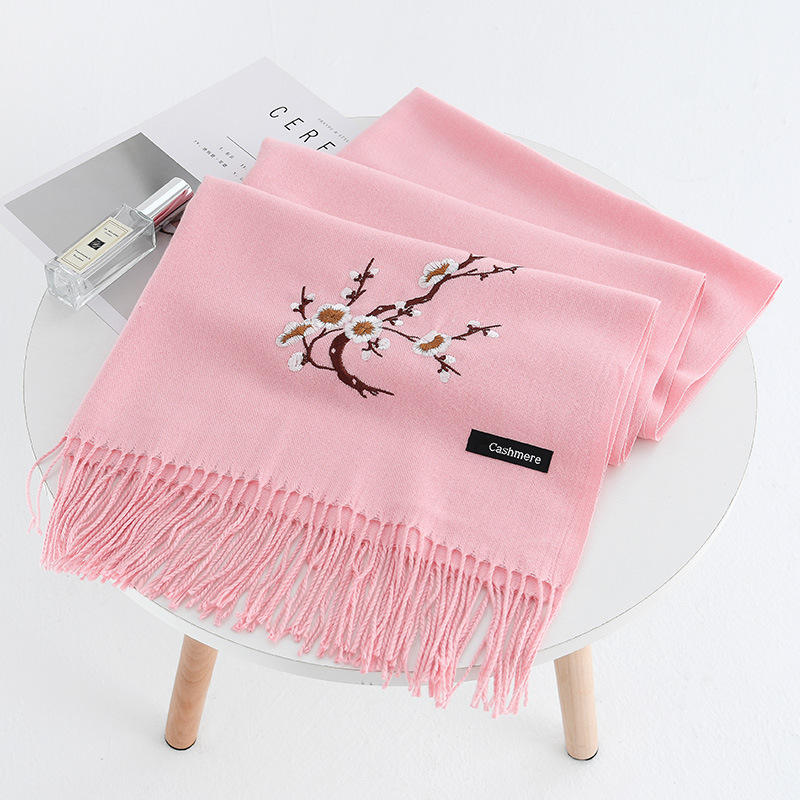 Women Winter Cashmere-Like Plum Embroidery Tassel Ethnic Elegant Scarf Shawl