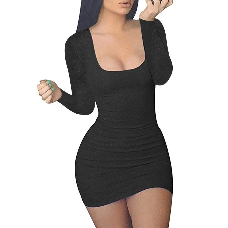 Sexy Ladies' Solid Color Knee Length Club Dress With Long Sleeve Or Sleeveless Type