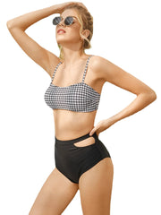 Women Houndstooth Print Spaghetti Hollow Out High Waist Panty Beach Two Piece Backless Bkinis