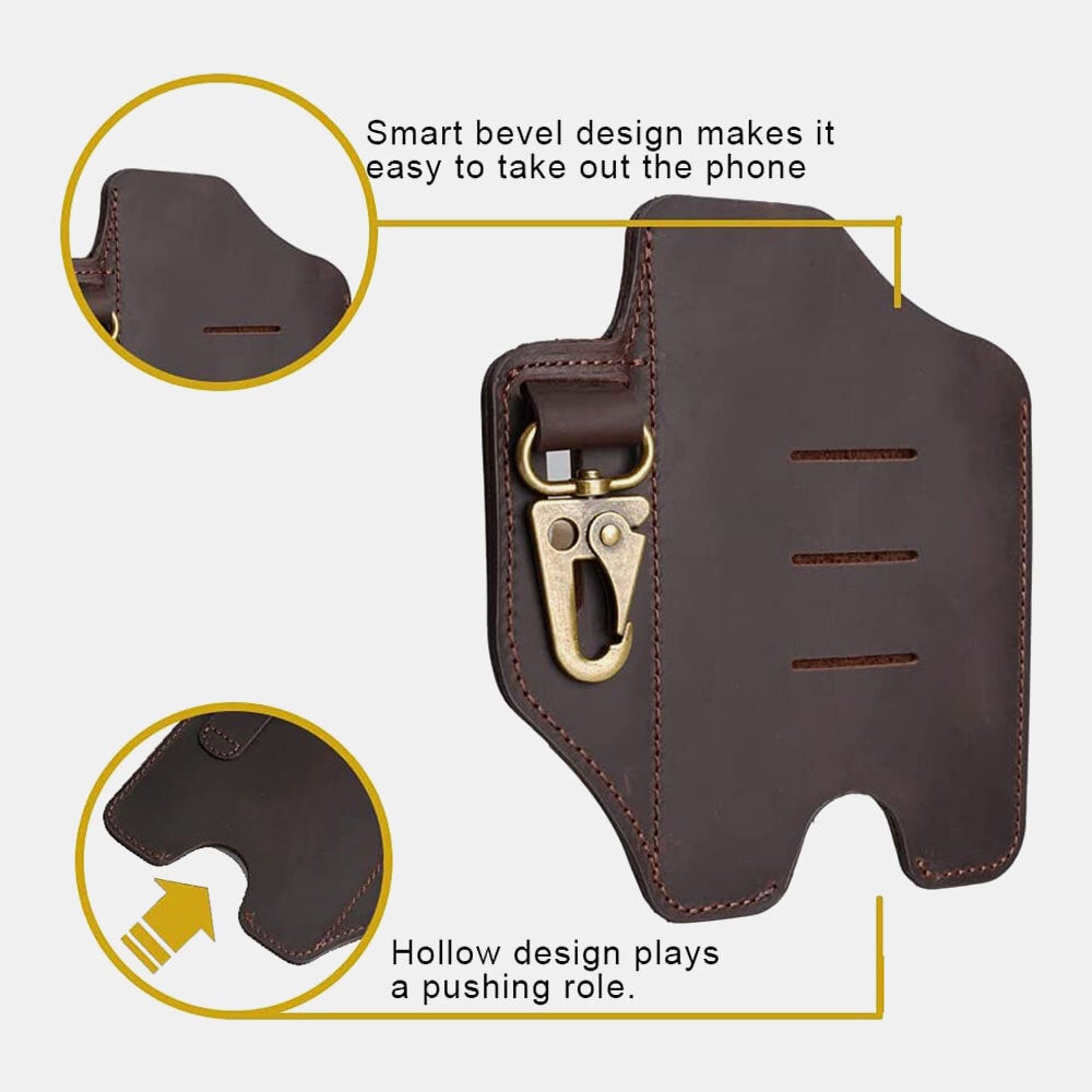 Men Multifunction Short Phone Case With Keychain Genuine Leather Retro Open Belt Bag Waist Bag