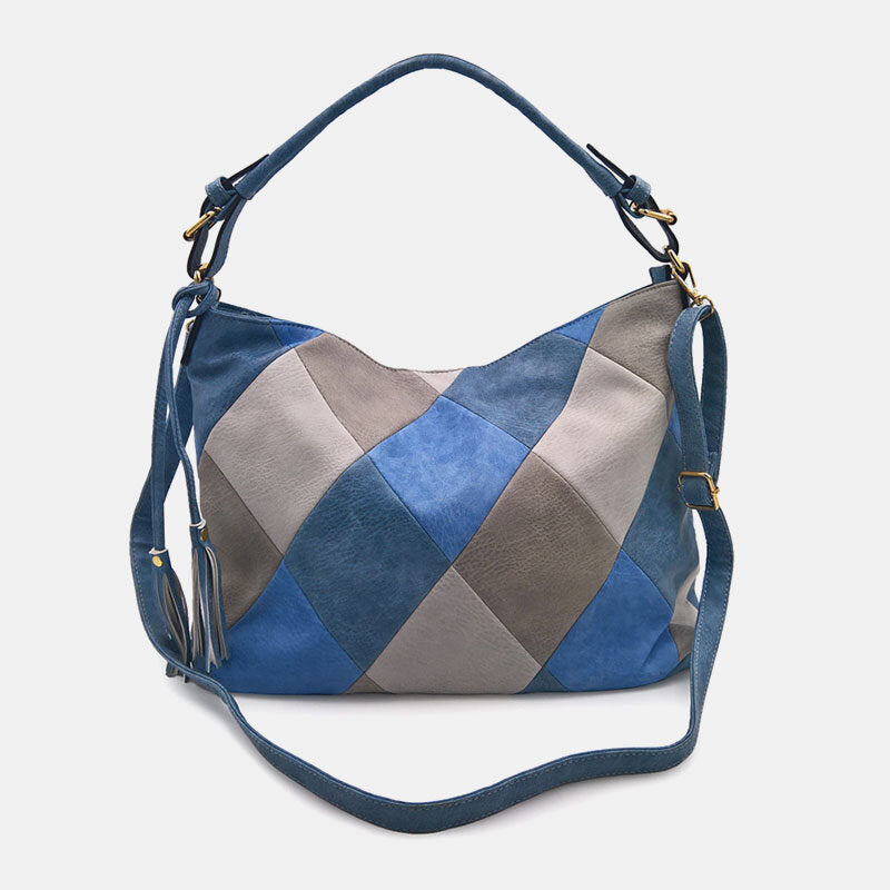 Women Faux Leather Fashion Color Block Tassel Crossbody Bag Shoulder Bag