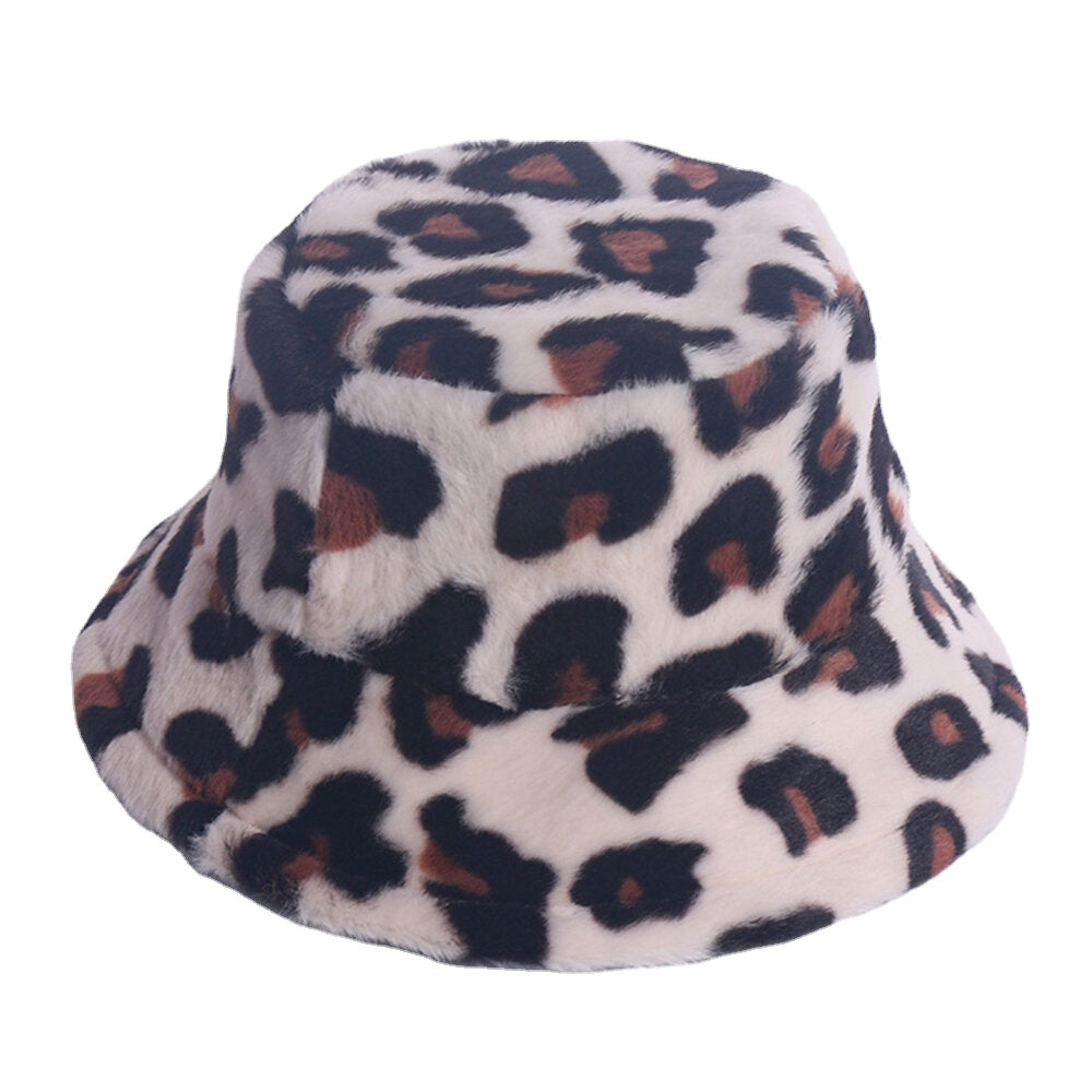 Women Rabbit Hair Leopard Pattern Casual Warm All-match Bucket Hat