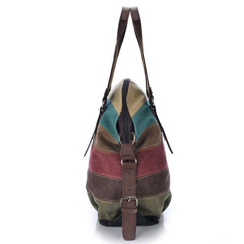 Women Stripe Canvas Handbag  Micro-Fibric Leather Shoulder Contrast Color Crossbody Bags