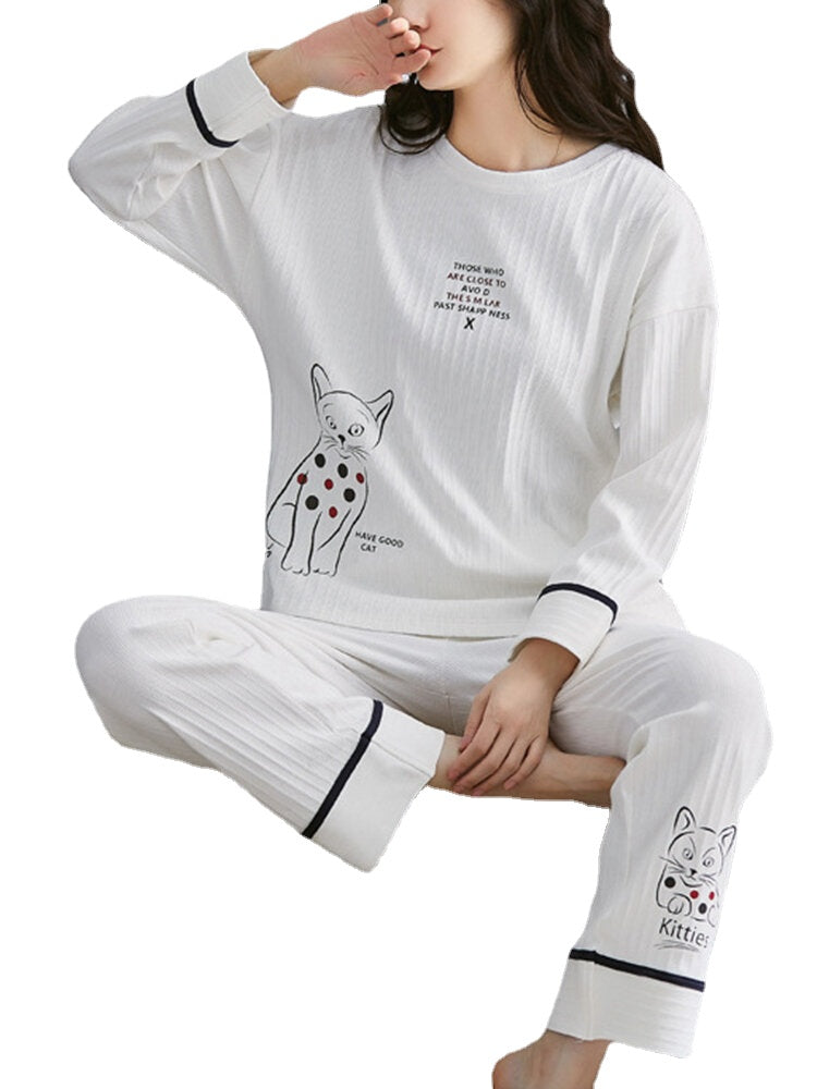 Women Cartoon animal Print Rib Long Sleeve Elastic Waist Pajama Set With Pocket