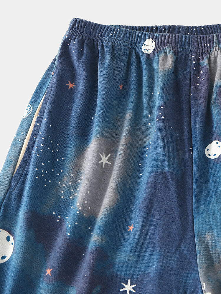 Women Starry Sky Print Cute Pullover Loose Elastic Waist Cartoon Home Pajama Set