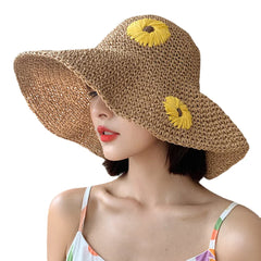 Women Straw Floral Solid Color Elegant Sunflower Big Brim Visor Sun Protection Hat Beach Hat Bucket Hat