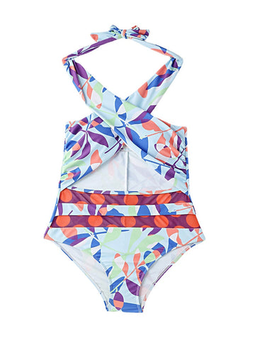 Women Colorful Printing Backless High Waist Cross Beach Holiday Halter One Piece