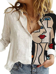 Women Art Illustration Print Lapel Long Sleeve White Shirts