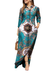 Tribal Pattern Pocket Button Long Sleeve Lapel Shirt Maxi Dress