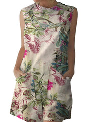 Cotton Plant Print Pocket Sleeveless Casual Print Dress