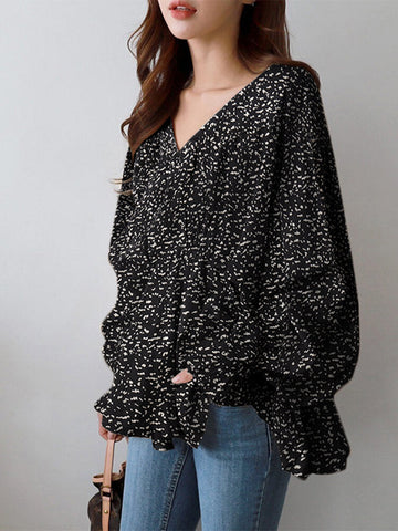 Puff Sleeve Solid Bohemian Casual Leopard Printed Blouse