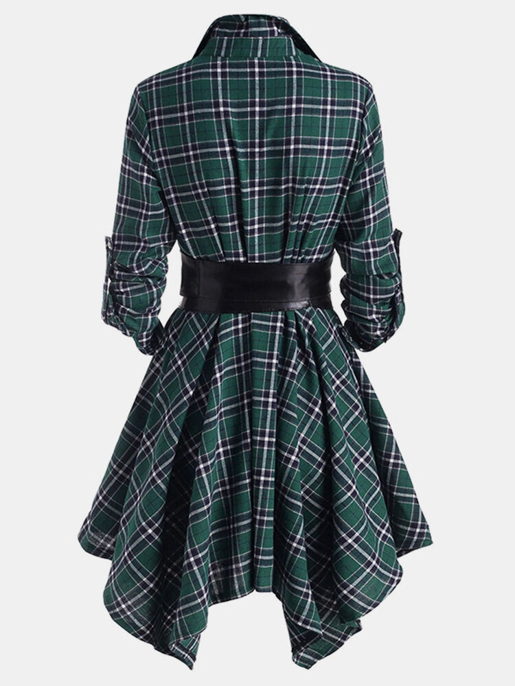 Women Classic Plaid Asymmetrical Shirt Dress With Belt