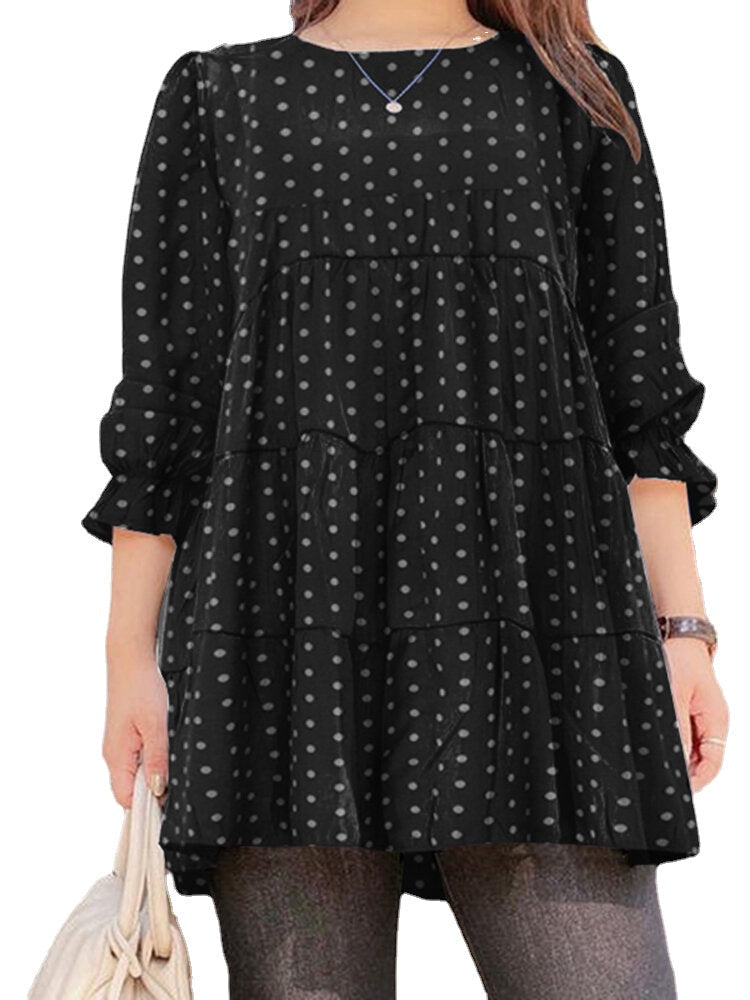 Women Puff Sleeve Daily O-Neck Spliced Dots Casual Loose Blouse