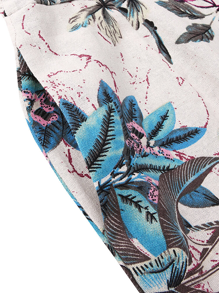 Women Sleeveless Floral Print Button Loose Cotton Vintage Jumpsuits With Side Pocket