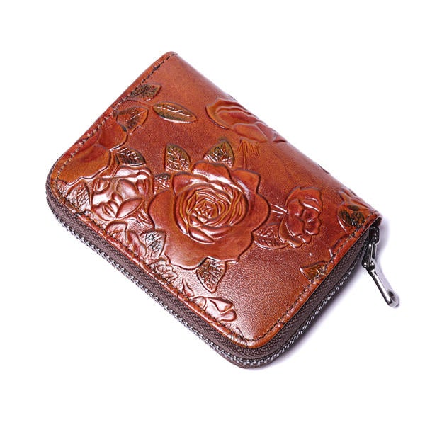 Women Vintage Casual Floral Genuine Leather Card Holder Coin Purse Wallet