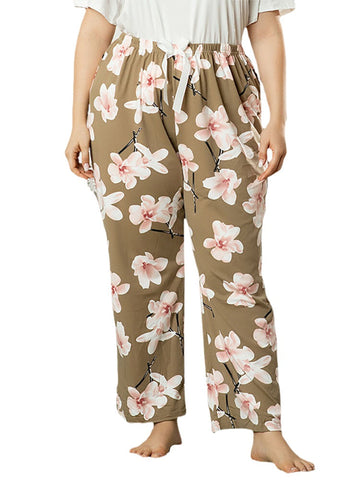 Plus Size Women Floral Print Elastic Waist Knot Home Casual Pajamas Pants