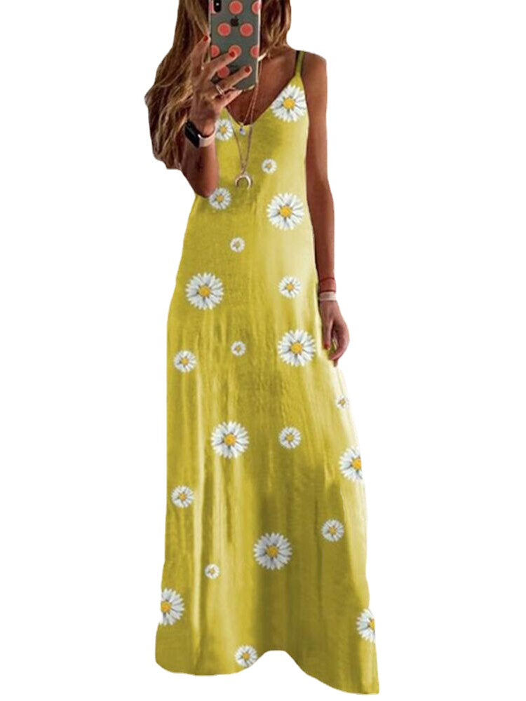 Women Summer Daisy Print Sleeveless Sling Holiday Maxi Dress