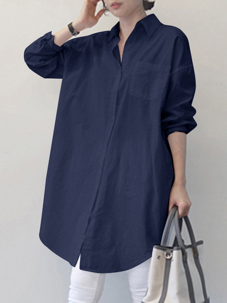 Women Pure Color Lapel Chest Pocket Loose Casual Long Sleeve Shirts