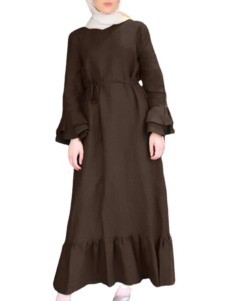 Women Solid Color Lace-Up Ruffles Hem Long Sleeve CasualMaxi Dress