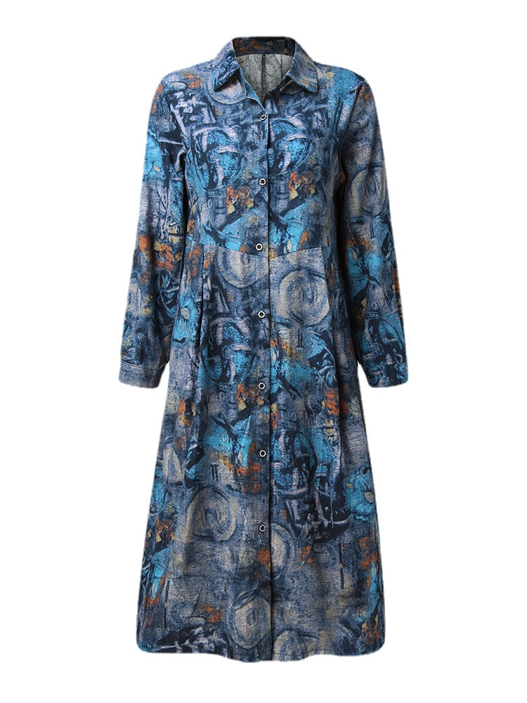 Vintage Graffiti Print Button Long Sleeve Casual Shirt Dress for Women