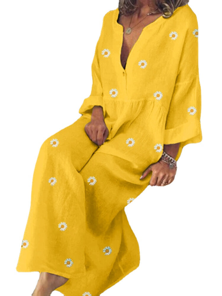 Daisy Print V-neck Long Sleeve Loose Causal Maxi Dress For Women