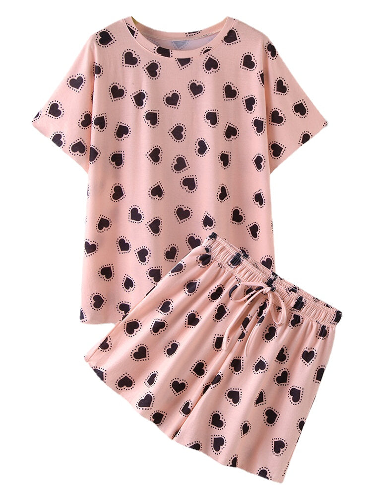 Women Funny Hearts Print Short Sleeve Elastic Waist Drawstring Casual Pajama Set