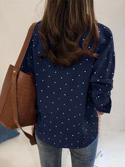 Dot Print Button Long Sleeve Lapel Blouse For Women