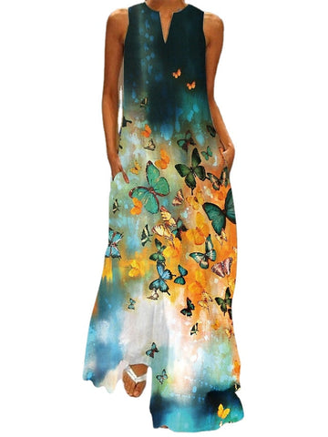 Women‘s Sleeveless Butterfly Print V Neck Fashion Chic Stage Long Dress