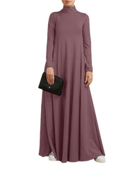 Solid Color Turtleneck Side Pockets Long Sleeve Vintage Maxi Dress For Women