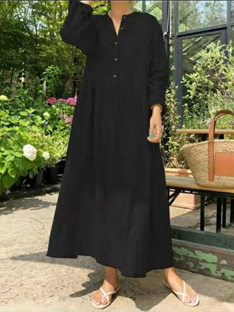 Women Solid Color Half Open Button Long Sleeve Simple Maxi Dresses