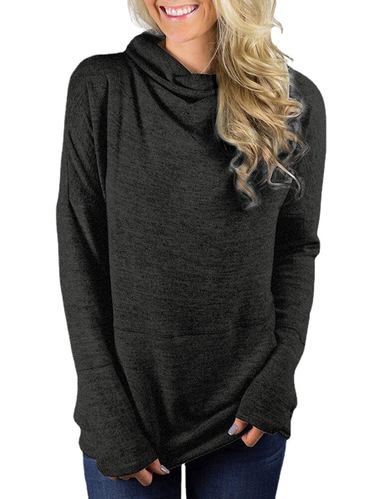 Women Knit High Neck Long Sleeve Casual Pullover Sweaters With Pocket
