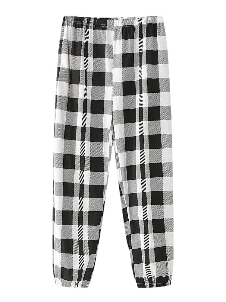 Women Cartoon Astronaut Print Round Neck Cotton Pajamas Sets With Cuffed Check Pants