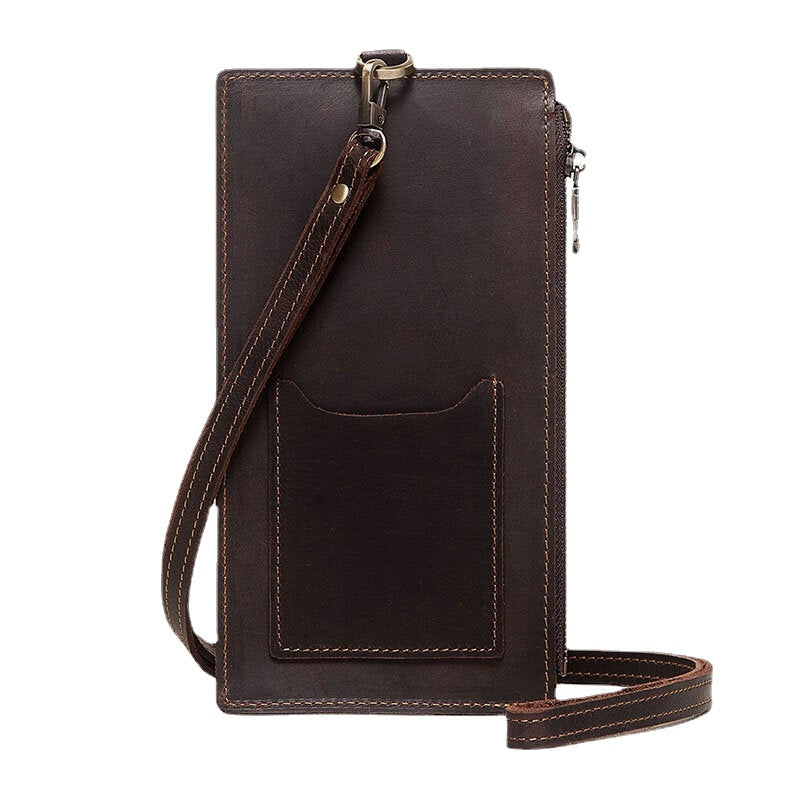 Unisex Genuine Leather Cowhide Zipper Buckle Retro 6.3 Inch Phone Bag Clutch Wallet