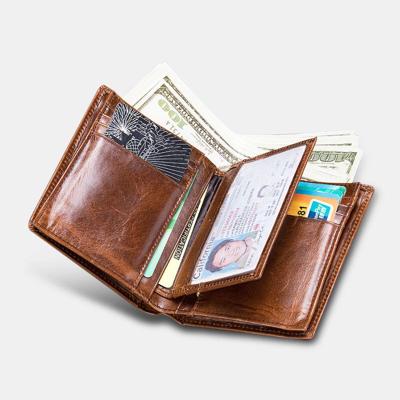 Men Oil Wax Leather Short Bifold RFID Anti-magnetic Wallets 16 Card Slot Thicken Driver License Card Holder Coin Purse