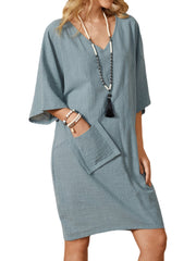 Casual Solid Color V-neck Loose Half Sleeves Pocket Midi Dress