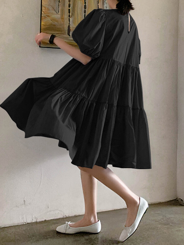 Puff Sleeve Leisure Pleating Solid Summer Dress For Women