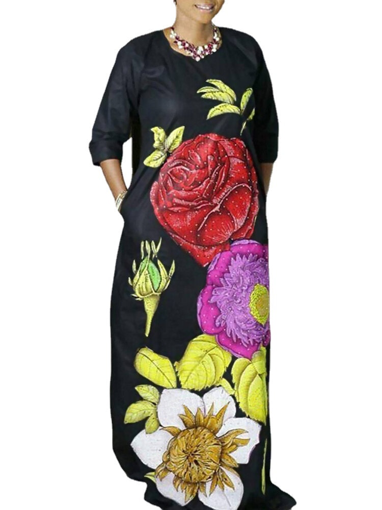 Flower Printing Side Pockets Europe Style Fashion Maxi Dress