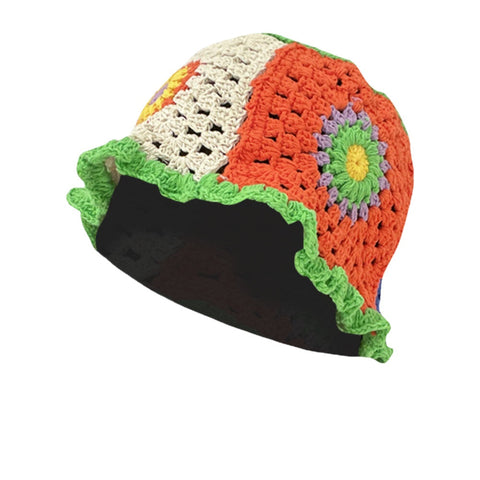 Women Sun Pattern Hollow Rainbow Knitted Baotou Cap Summer Breathable Bucket Hat