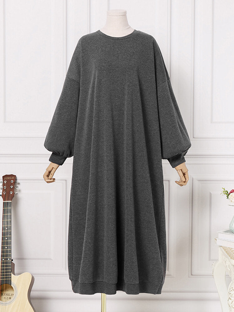 Women Solid Color Thick Sweatshirt Loose Raglan Sleeve Calf Length O-Neck Midi Dresses