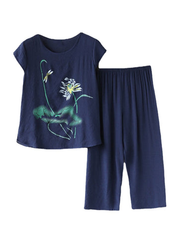 Women Plants Print Plus Size Pajamas Soft Breathable Summer Loungewear