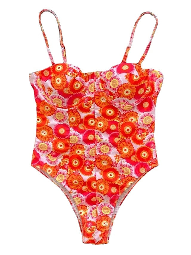 Women's Swimwear One Piece Monokini Bathing Suits Normal Swimsuit Tummy Control Open Back Printing High Waisted Floral Plaid Green Black Blue Rosy Pink Orange Strap Bathing Suits Sexy Vacation Fashion