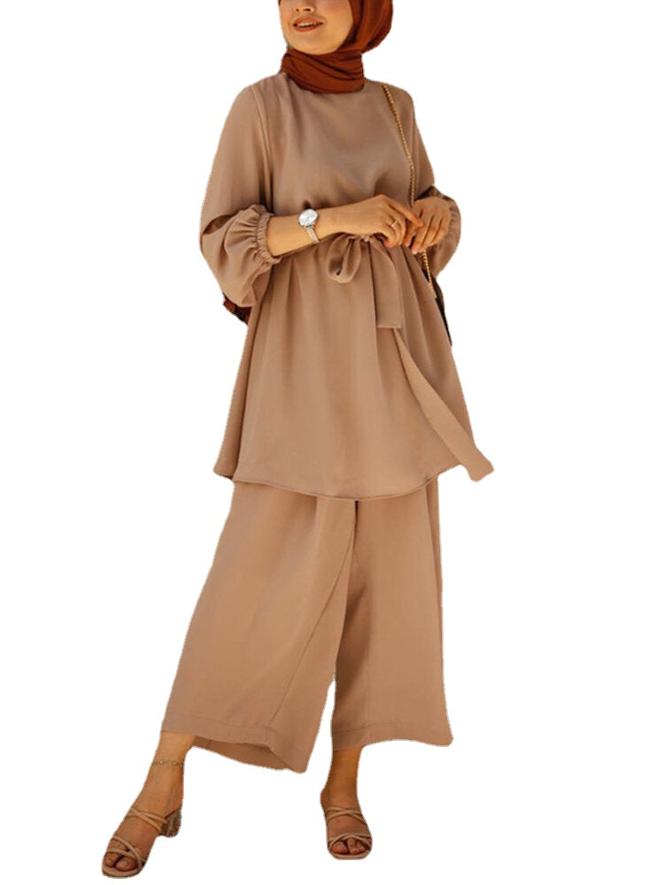 Women Solid Color Long Sleeve Sashes Tops Wide Leg Pants Ethnic Style Two Piece Set
