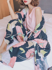 4Pcs Women V-Neck Sleeveless Pink Tops Floral Print Pants Home Casual Pajamas With Robes