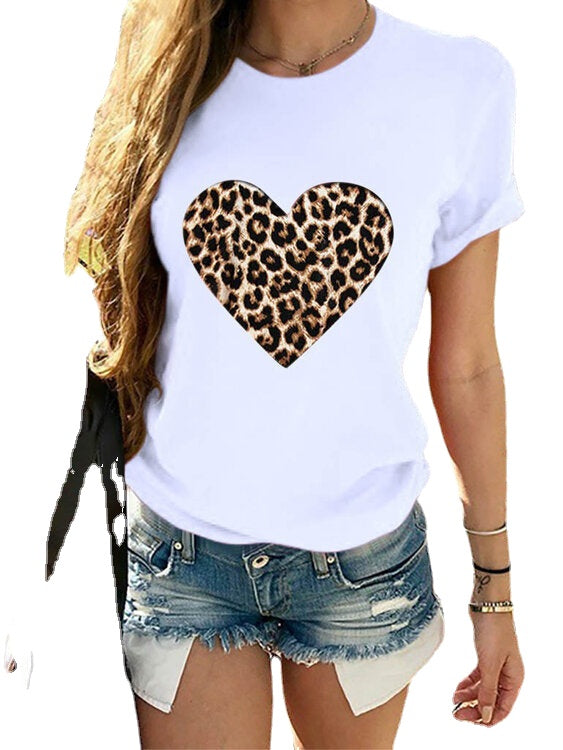 Leopard Print Love Print Round Neck Causal T-shirts For Women