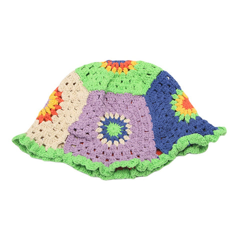 Women Sun Pattern Hollow Rainbow Knitted Baotou Cap Summer Breathable Bucket Hat