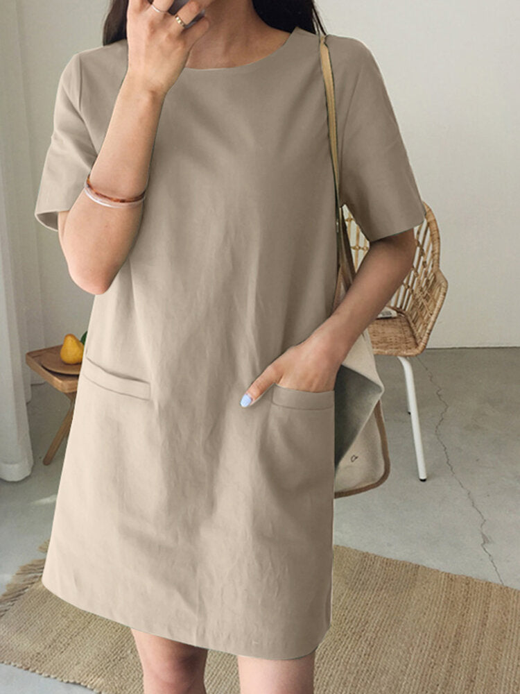 Solid Pocket Short Sleeve Casual Midi Dress