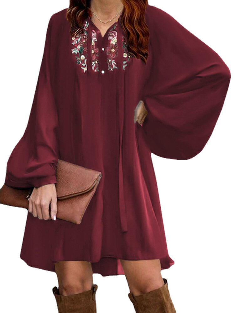 Flowers Embroidery Puff Sleeve Lace-Up Loose Bohemian Mini Dress For Women