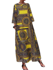 Women Tribe Print Long Sleeve Loose Vintage Ethnic Style Dress