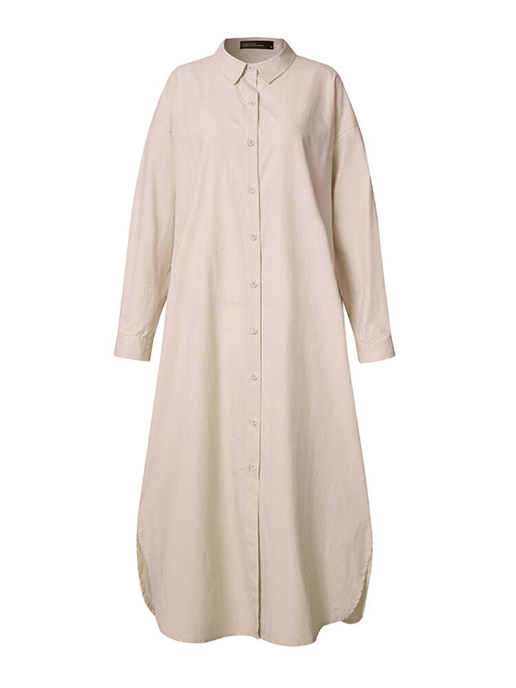Women 100% Cotton Solid Color Curved Hem Split Lapel Loose Fit Shirt Dress